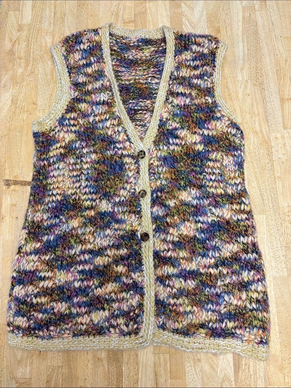 VTG Handmade Chunky Knit Sweater Vest Variegated Multicolor Boho Grandpacore M L